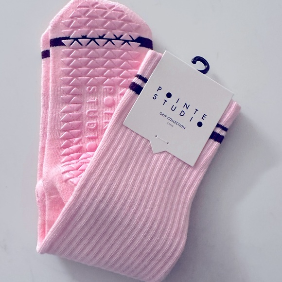 Pointe studio varsity crew grip sock in pink with brown stripe - Picture 4 of 7